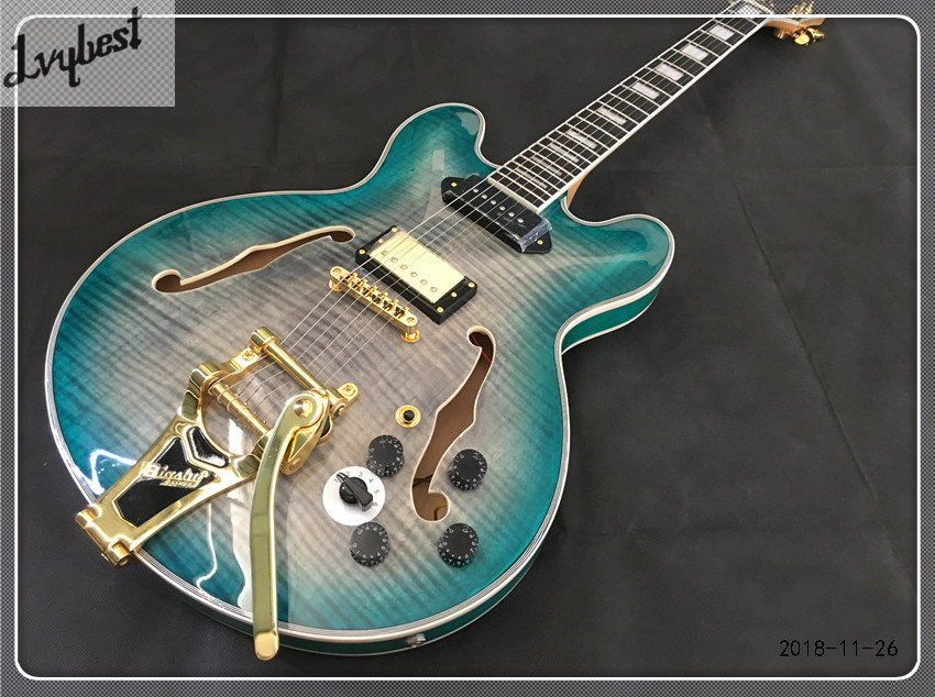 lvybest customised electric guitar hollow body jazz thin blue burst body top and back with flame grain maple neck gold parts-image-437786679