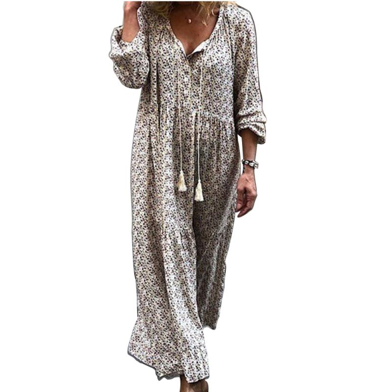 

Office Party Fashion Ladies Elegant Printed Home Loose Long Sleeve Cotton Blend Date Women Dress Casual V Neck, Yellow