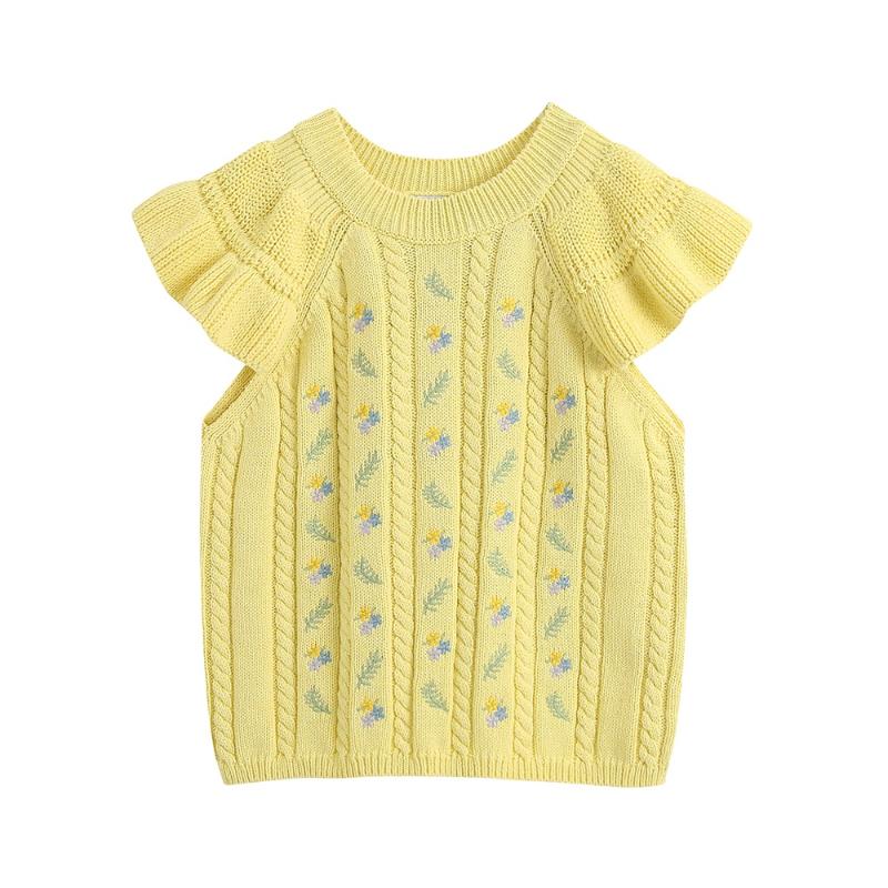 

2020 summer women' new round neck lotus leaf sleeve top wild thin flower embroidery thin knitted sweater, Yellow