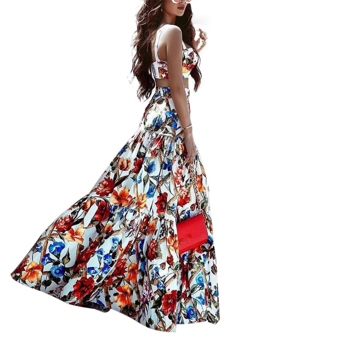 

Plus Size Set 2019 Floral Print Two Piece Set Women Beach Party Straps Skirt Bohemian Suits Sexy Maxi Skirt Overalls, White
