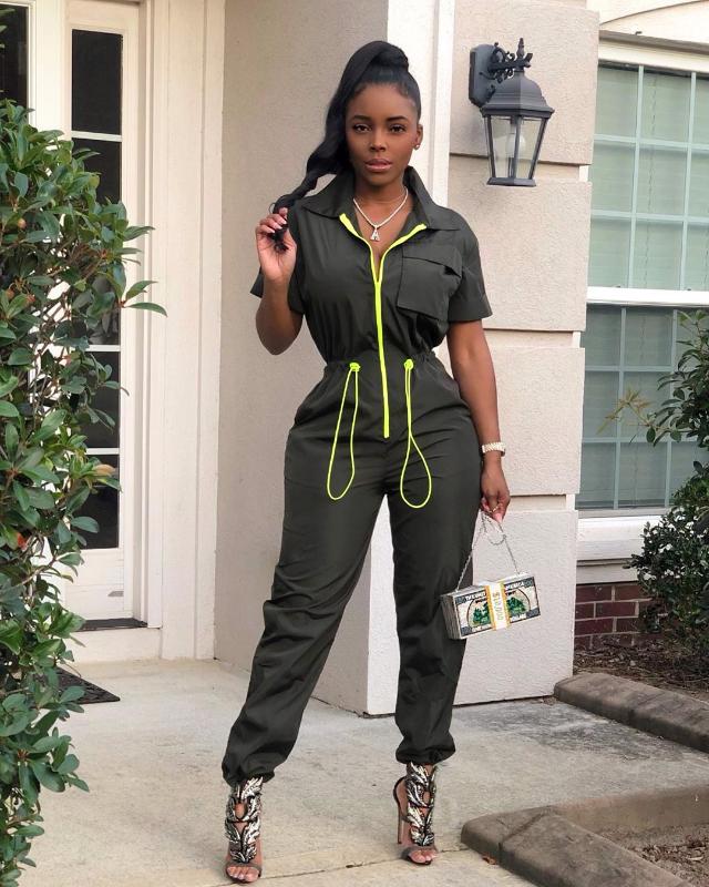 

Summer Jumpsuit Women Short Sleeve Overalls Large Size Casual Female Jumpsuit Lady Safari Style Romper Sexy Drawstring Jumpsuits, Green
