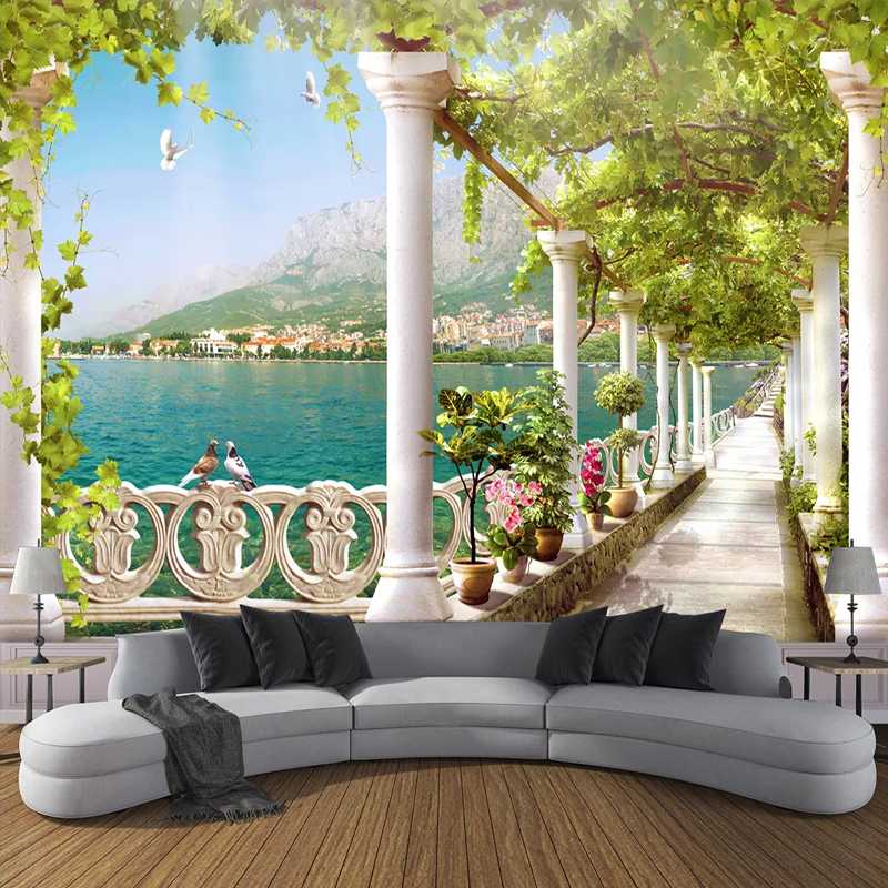 

Drop Shipping Custom Photo Wallpaper 3D Stereoscopic Space Balcony Lake Scenery Mural Wall Painting Wall Papers Home Decor, As pic