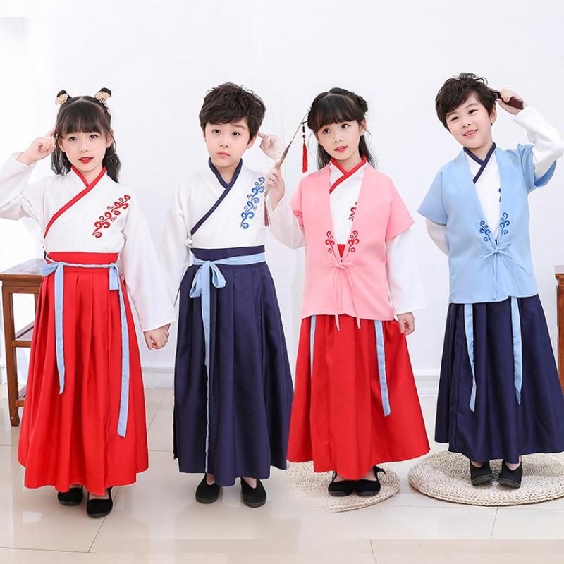 

New Chinese Traditional Clothing for Baby Boy Girl Festival Folk Dance Costume Stage Performance Embroidery Hanfu 3 Pcs Set, 2pc s1
