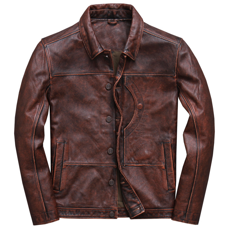 

FREE SHIPPING 2019 Genuine Cowhide Russian Coat Vintage Brown Men Smart Casual Leather Jacket Single Breasted Plus Size XXXL