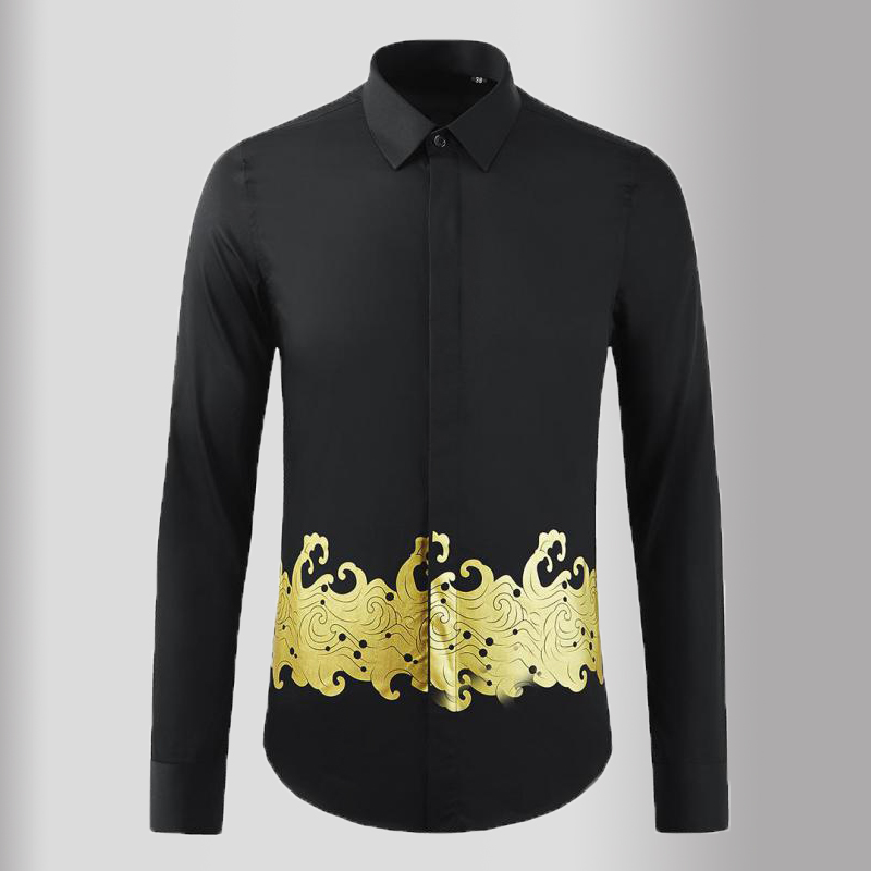 

New Mens Shirts Luxury Long Sleeve Geometry Printed Casual Male Shirts Fashion Slim Fit Party Man Shirts 3XL, Black