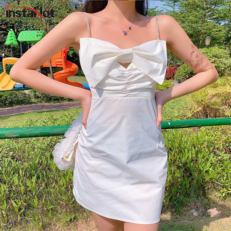 

InstaHot Pure White Elegant Bow Dress Spaghetti Strap Backless Sexy Summer Women Party Casual Sweet Slim Bodycon Dresses Female, White dress