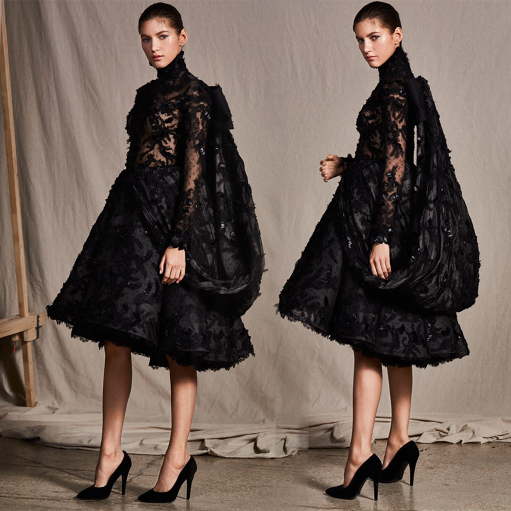 

Black Sexy Ashi Studio Ball Gown Prom Dress High Neck Long Sleeve Tulle Lace Feather Party Dress Short robes de soirée, Same as picture