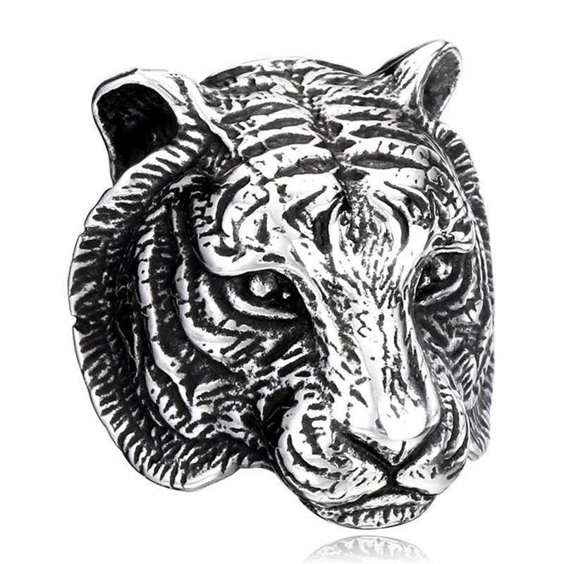 

Men''s Fashion Stainless Steel Steampunk Gothic Vintage Tiger Head Ring Retro Cool Biker Punk Rock Rings Black + Silver