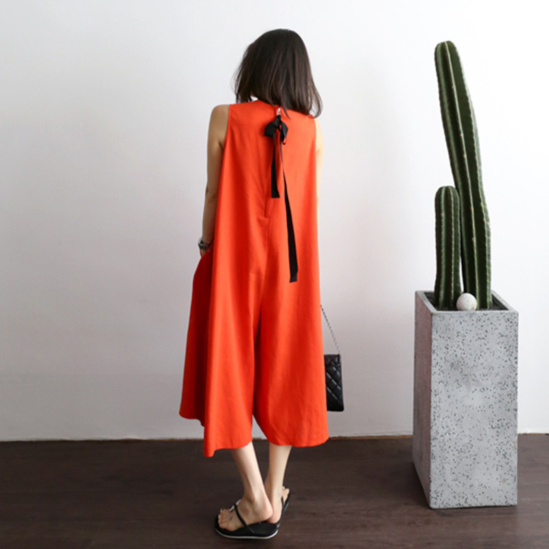 

Johnature Summer New Korean Linen 4 Colors Loose Sleeveless Wide Leg Jumpsuits Women 2020 Casual Calf-length Pockets Playsuits, Black