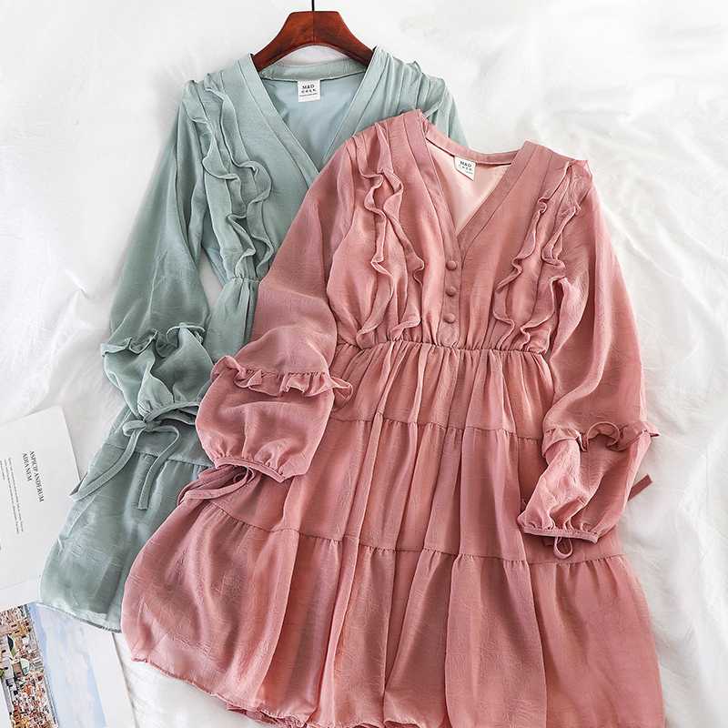 

Chic Ruffled Women Dress Sweet Lolita Long Sleeve Ladies A-Line Dress Kawaii Lantern Sleeve Button Lace-up High Waist Mini, Beige