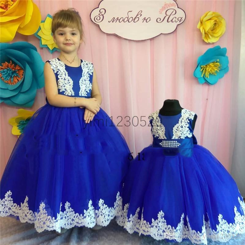 

2020 Royal Blue Ball Gown Flower Girl Dresses for Wedding Jewel Floor Length White Appliques Child Birthday Party Gowns Girls Pageant Dress