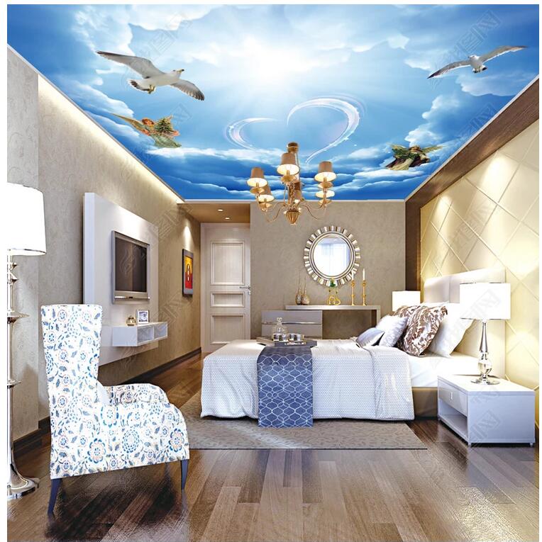 

3d ceiling murals wallpaper custom photo Blue sky and white cloud angel pigeon background living room home decor wallpaper for walls 3 d, Non-woven