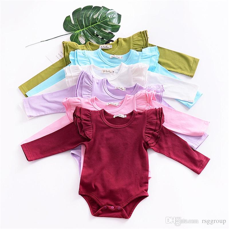 

8 Colors Fall INS Baby Infant Girls Rompers Jumpsuits Ruffles Round Collar Long Sleeve Blank Thin Soft Cotton Fabric Newborn 0-24M