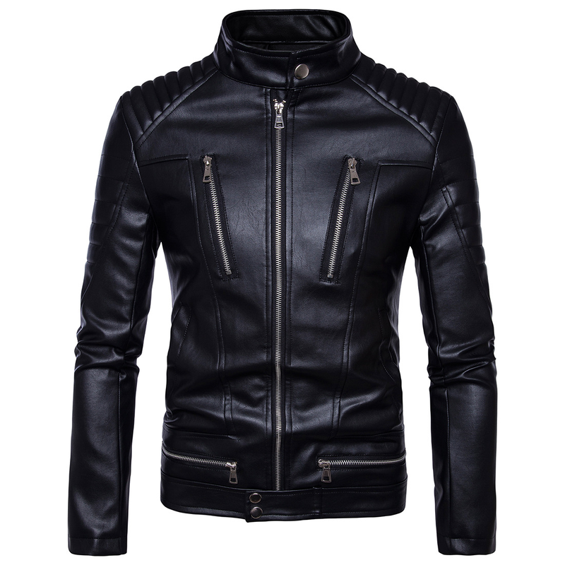 

New Autumn and Winter Men's Motorcycle Slim Multi-zip Leather Jacket Men Clothes 2018 Chaqueta De Cuero Para Hombre, Black