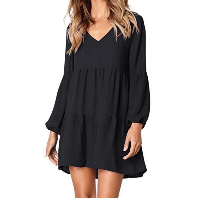 

Fashion Women black dress Solid Lantern Long Sleeve V-Neck dresses for women Draped Knee-Length summer dresses ropa mujer