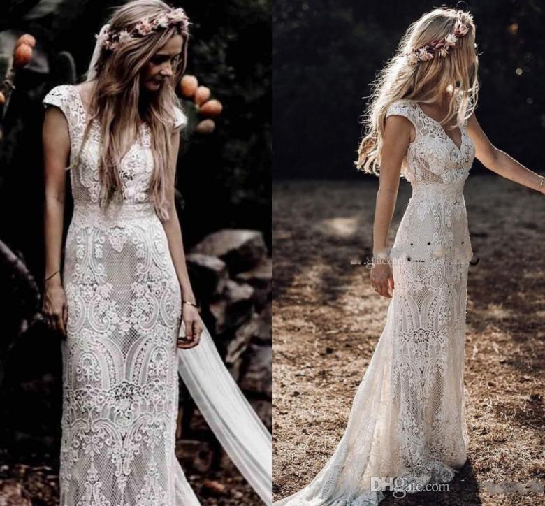 

Vintage Bohemian Wedding Dresses with Sleeves 2019 Hppie Crochet Cotton Lace Boho Country mermaid Bridal Wedding Gown, Champagne