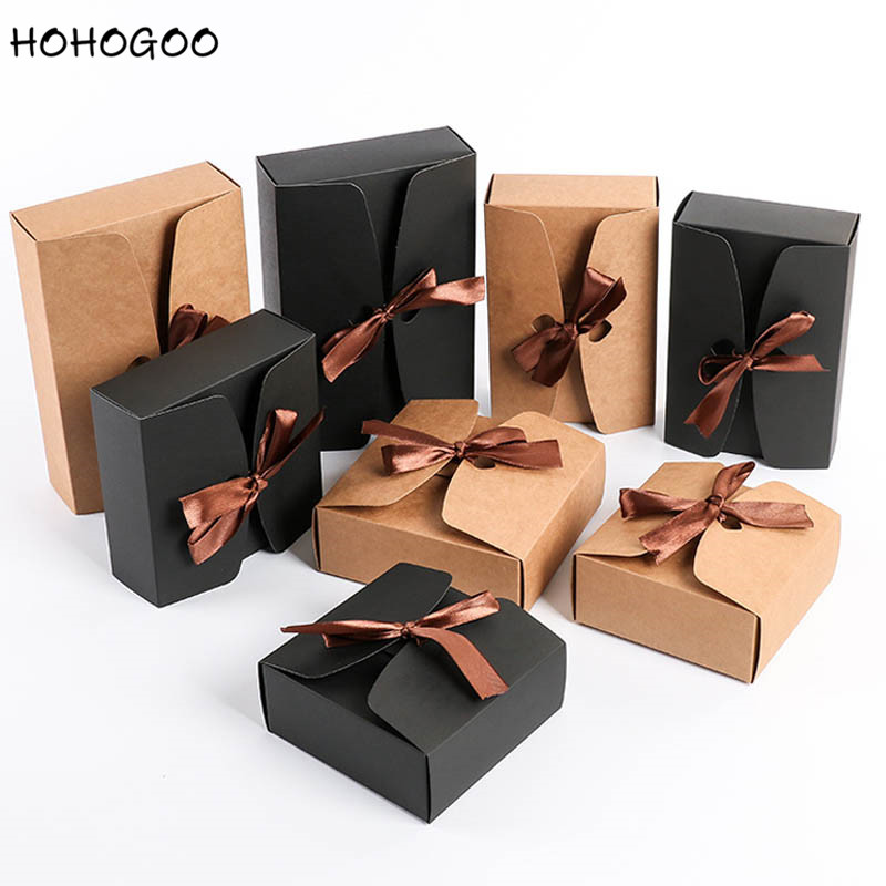 

HOHOGOO 30pcs/lot Bow-knot Kraft Boxes Brown Black Baby Shower Party Valentine's Day Gift Wedding Favor Packaging Gift Boxes