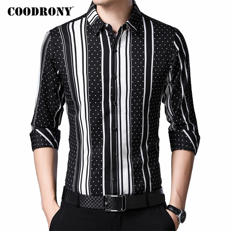 

COODRONY Brand Streetwear Fashion Striped Long Sleeve Shirt Men Spring Autumn Casual Shirts Nightclub style Chemise Homme C6035, Black