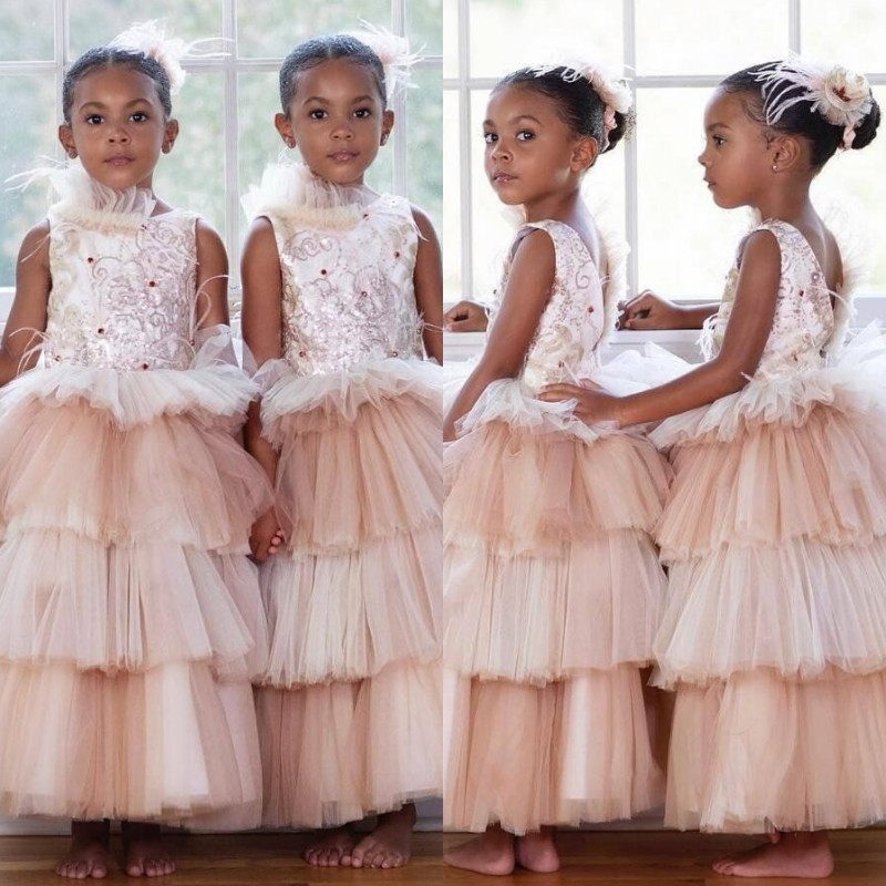 

Chic Scoop Neck Sleeveless Ruched Tulle Flower Girls Dresses Backless A Line Ankle Length Girls Pageant Dresses, Black