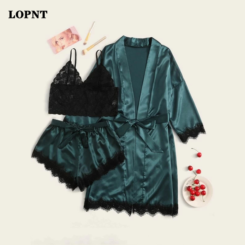 

LOPNT New summer pajamas set 3 Pcs set women's Satin sleepwear Floral Lace Lingerie female robes nightie women night suit CX200702, Black;red