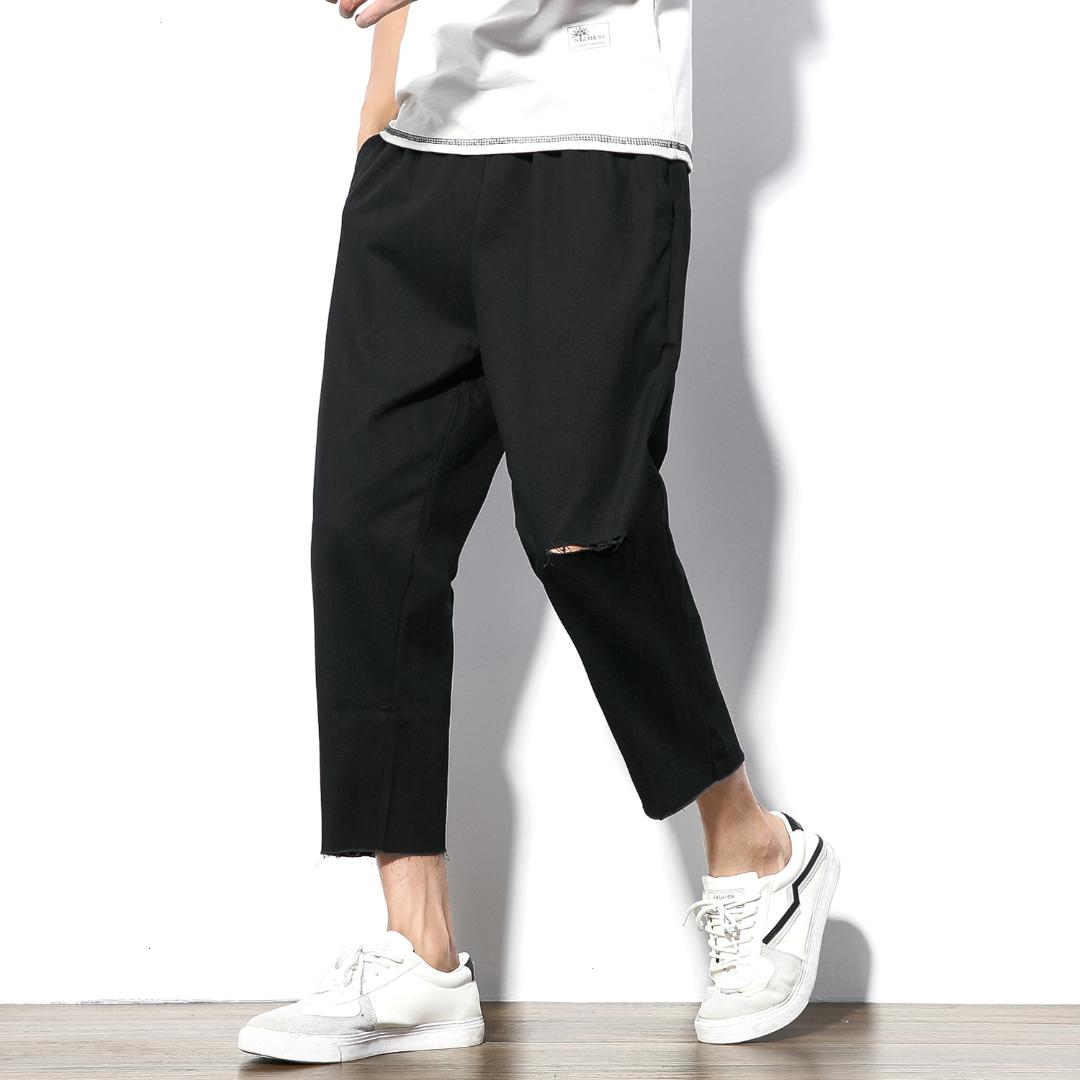 

Men Casual Pants Solid Color Seven-cent pants men Straight hem ripped Pant 5XL Legible, Black