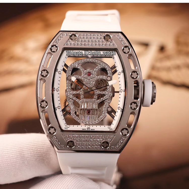 

43mm RM052 Watches Skeleton Skull Head Miyota Automatic Mens Watch Steel Diamond Case/Bezel 052 White Rubber Strap Gents HWRM Hello_watch, Slivery;brown