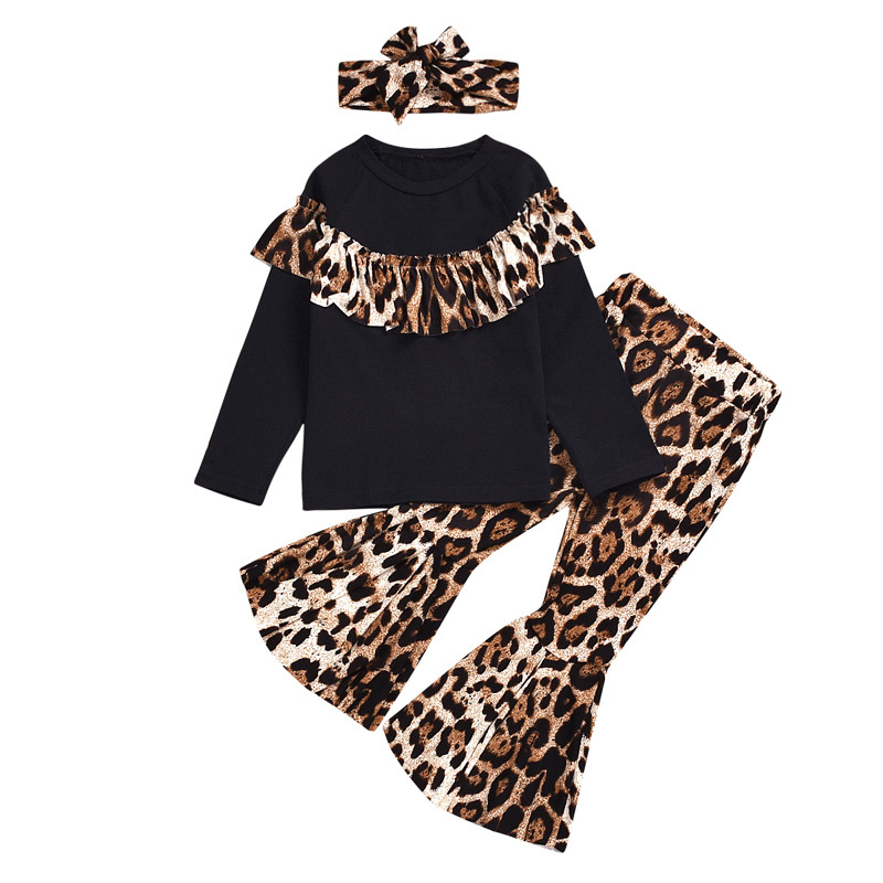

Kids Gilrs Outfits Sets Infant Leopard Ruffle Tops Kids Casual Clothes Girls Printed Wide Leg Pants Toddler Baby Pagoda Pants Headband 06, Black
