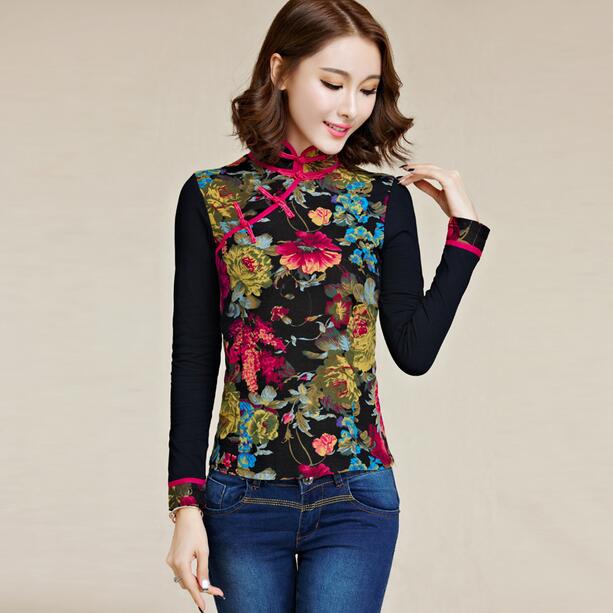 

Traditional Chinese clothing 2020 plus size vintage ethnic mandarin collar long sleeve black print blouse shirt blusa DF366