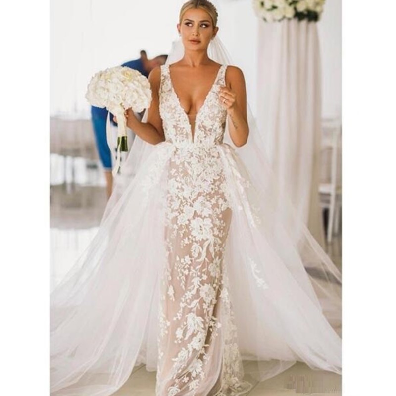 

2020 Deep V-neck Mermaid Bridal Dresses with Detachable Train Lace Appliques Tulle Overskirt Garden Wedding Dress robes de mariée, Silver