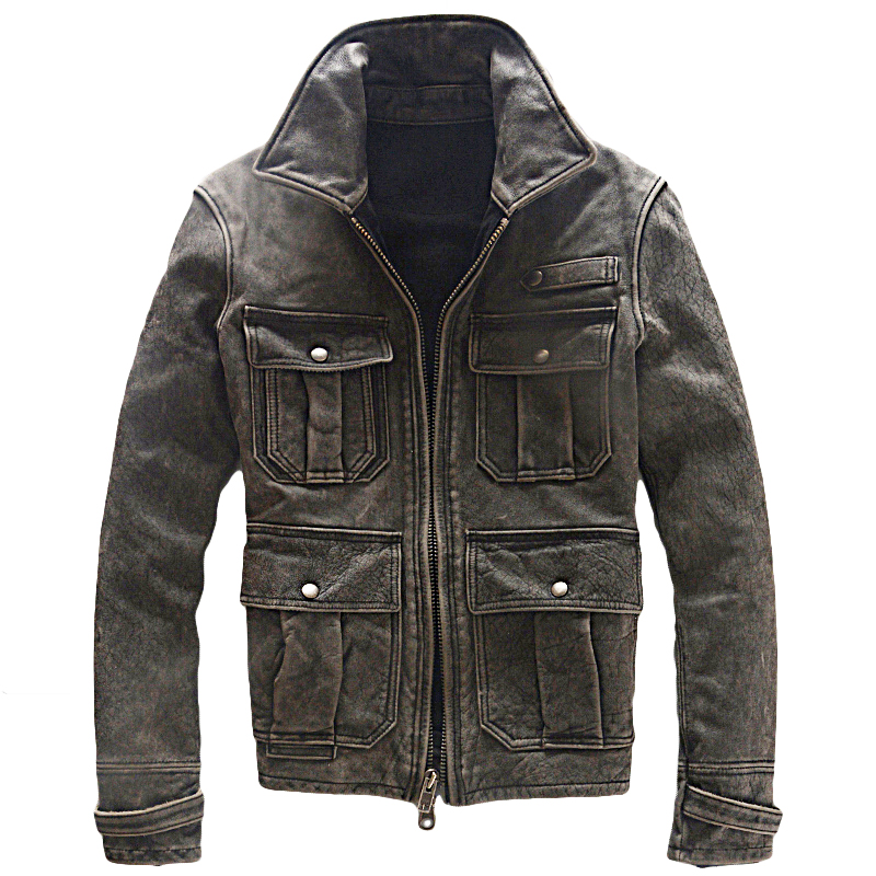 

Vintage Men' Retro Genuine Leather Jacket Cowhide Whitening Motorcycle Clothing lapel Slim Fit Short Autumn Winter Coat Black, Vintage black