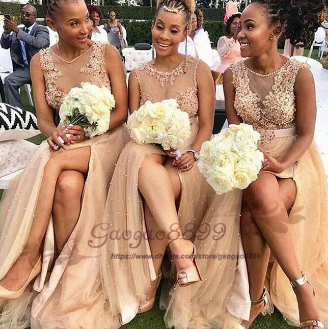 

Blush Pink Split Long Bridesmaids Dresses 2019 Sheer Neck with Pearls beaded Maid of Honor gowns Appliques Lace Country Wedding Guest Cheap