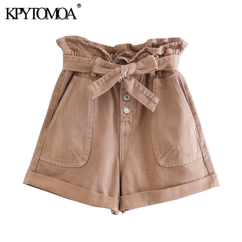 

KPYTOMOA Women 2020 Chic Fashion With Belt Paperbag Loose Shorts Vintage High Waist Buttons Pockets Female Short Pants, As picture