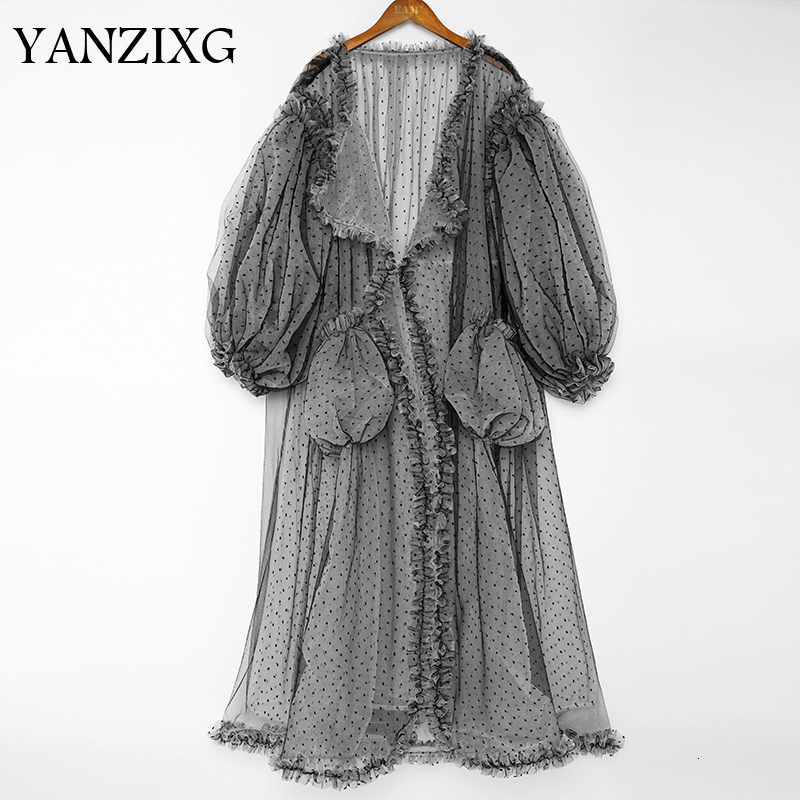 

2019 New Summer V-collar Long Lantern Sleeve White Polka Dots Printed Perspective Big Size Long Shirt Women Cardigan L259, Black