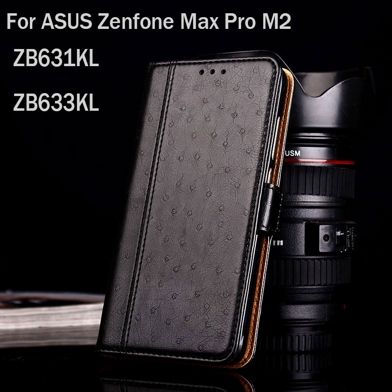 

wholesale for ASUS Zenfone Max Pro M2 ZB631KL ZB633KL coque Luxury Ostrich Leather with Stand fashion phone Cases funda Flip cover, Black