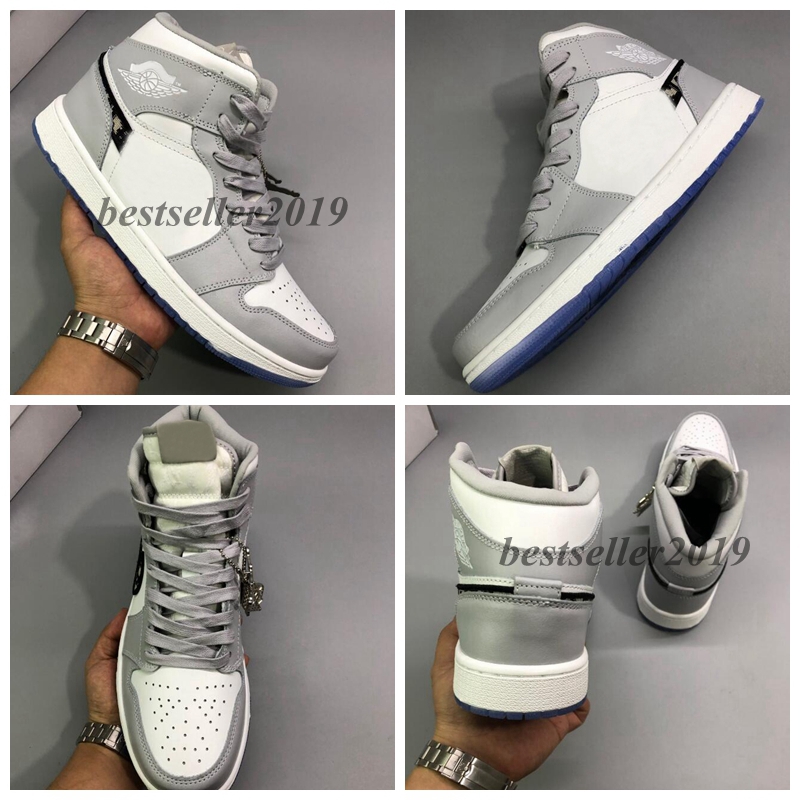 

New 1 High OG Grey 2020 Mens Basketball Shoes Oblique Trainers 1s Designer Sneakers embossed on the upper Crystal Bottom Baskets