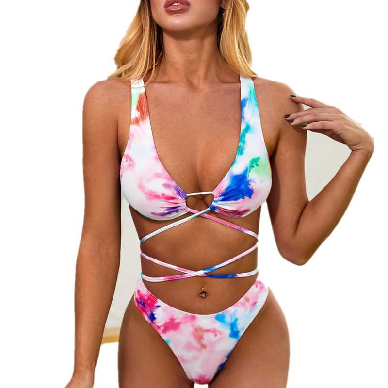 

2020 New Ruffle Bikinis Women Swimsuit Cross Bandage Swimwear Push Up Bikini Set Beach Bathing Suit Brazilian Biquni Print