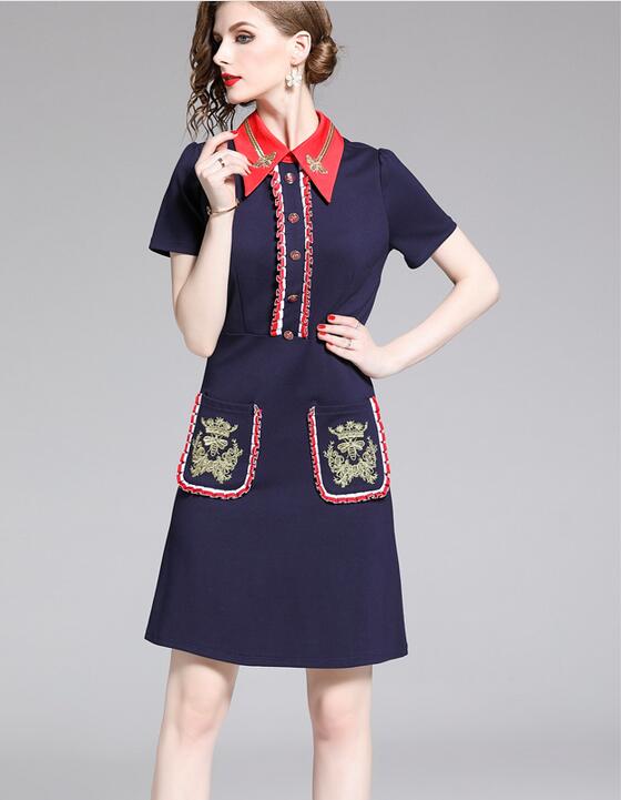 

Lapel neck Flora embroidery stitching pocket hip dress step skirt Fashion new summer dress, Blue
