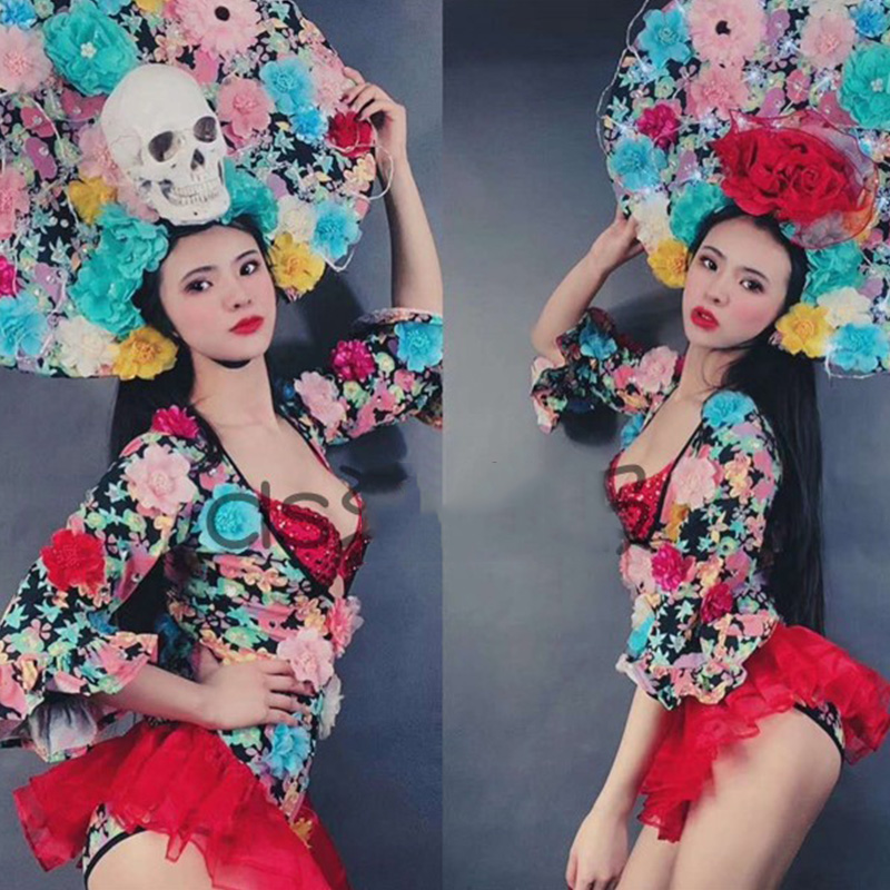 

Valentine's Day Party Color Flower Bodysuit Bikini Sets Nightclub Bar DS Female Singer Costumes Halloween Cosplay Outfit DWY3431, As picture