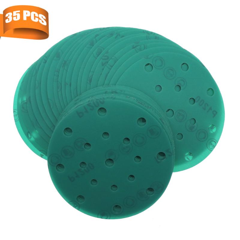 

35Pcs 6 Inch 150mm 17 Holes Sandpaper 60 to 2000 Grits Hook and Loop Green Film Sanding Disc For Polishing and Grinding