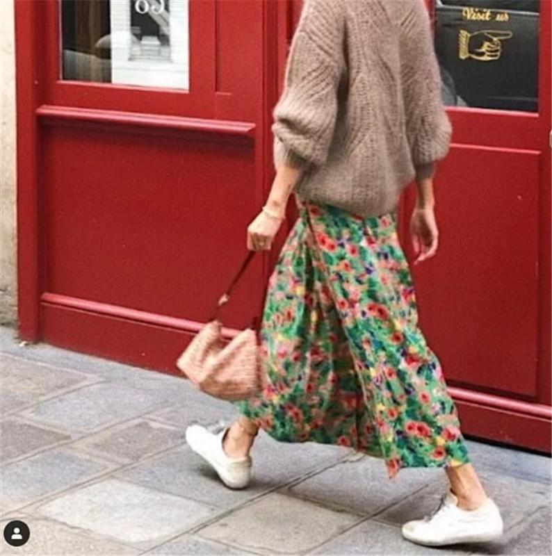 

summer floral pleated skirt women fashion new trending styles midi skirts casual brand female skirt Elegant Female Bottom, Green