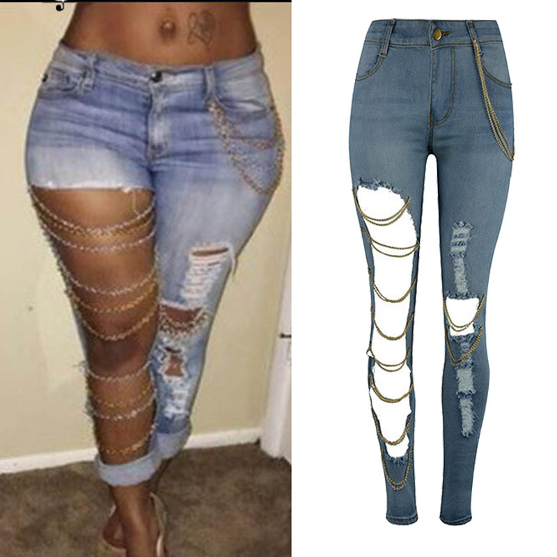 

2020 high waist jeans woman Europe and America large holes jeans female chain ornaments stretch cotton small feet pants, Blue