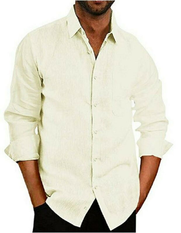 

Fashion New Hot Sale Men's Linen Long Sleeve Shirts Casual Loose Soft Tops Blouse Shirt, Black