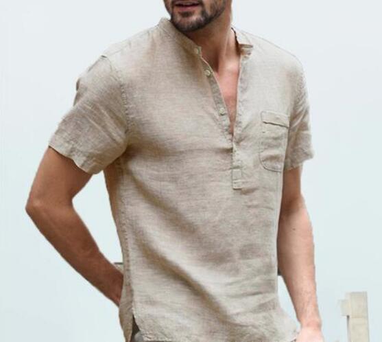 

Stand collar linen short-sleeved shirt solid color casual men' shirt, Black