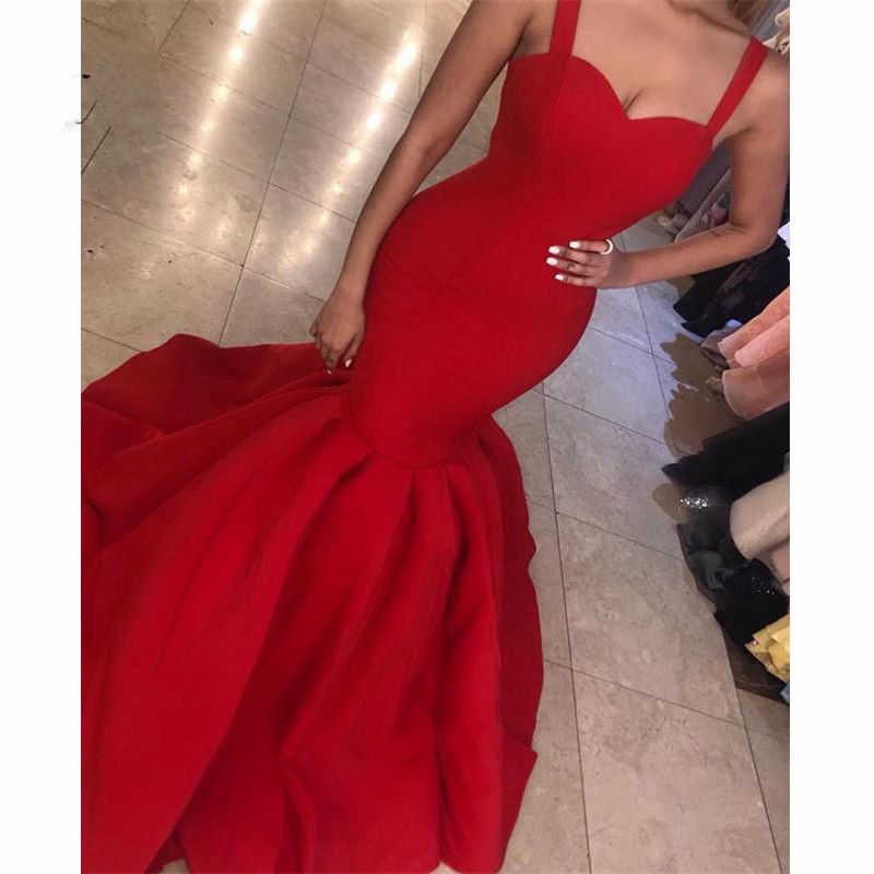 

Sexy 2020 Red Mermaid Evening Dresses Long Spaghetti Straps Sweetheart Sleeveless Puffy Train Evening Party Prom Dress Cheap, Burgundy