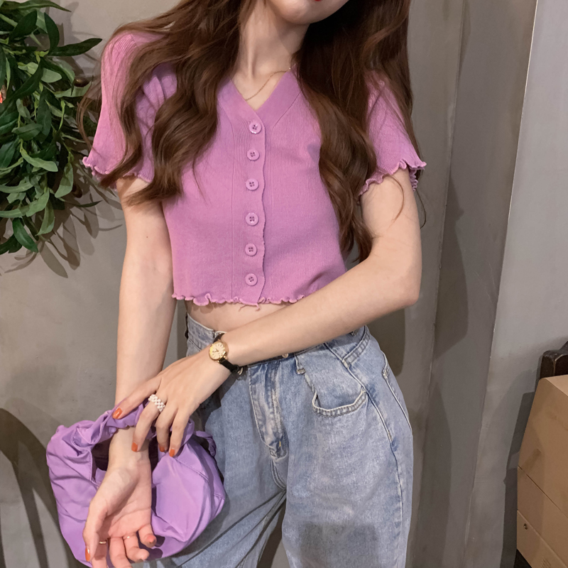 

Purple knitted cardigan women crop sweater v neck ruffle cropped cardigan casual Winter korean women