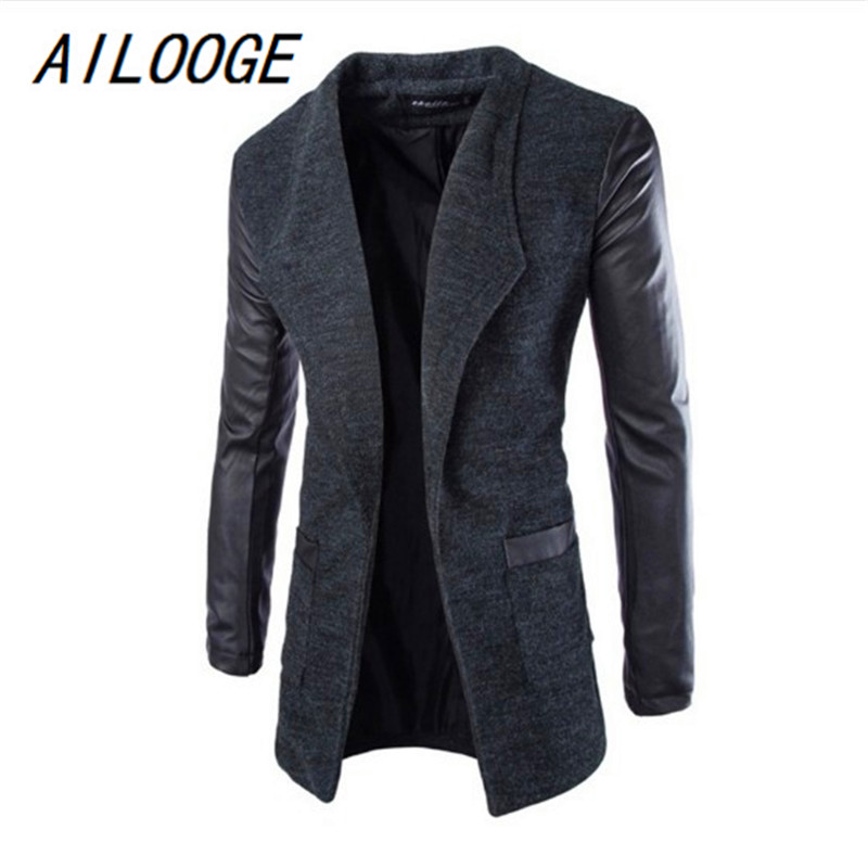 

AILOOGE Fashion Winter Leather Sleeve Long Wool Men Coat Hot Casual Slim Fit Men Jacket Coat Patchwork Solid Long Outwea, Black