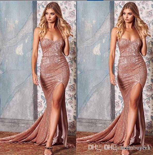 

2019 Cheap Sheath Rose Gold African New party Prom Dresses Split Front Sequined Dresses Black Girls Evening Gowns Abendkleider, White