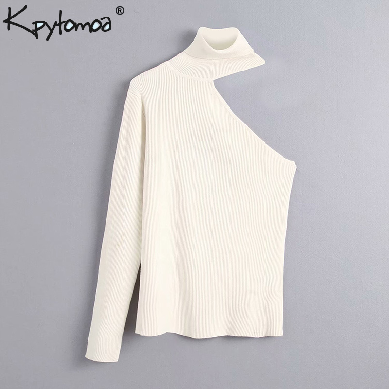 

Vintage Sexy Asymmetic High Collar Knitted Sweater Women 2019 Fashion One Shoulder Long Sleeve Stretchy Slim Pullovers Chic Tops, As picture