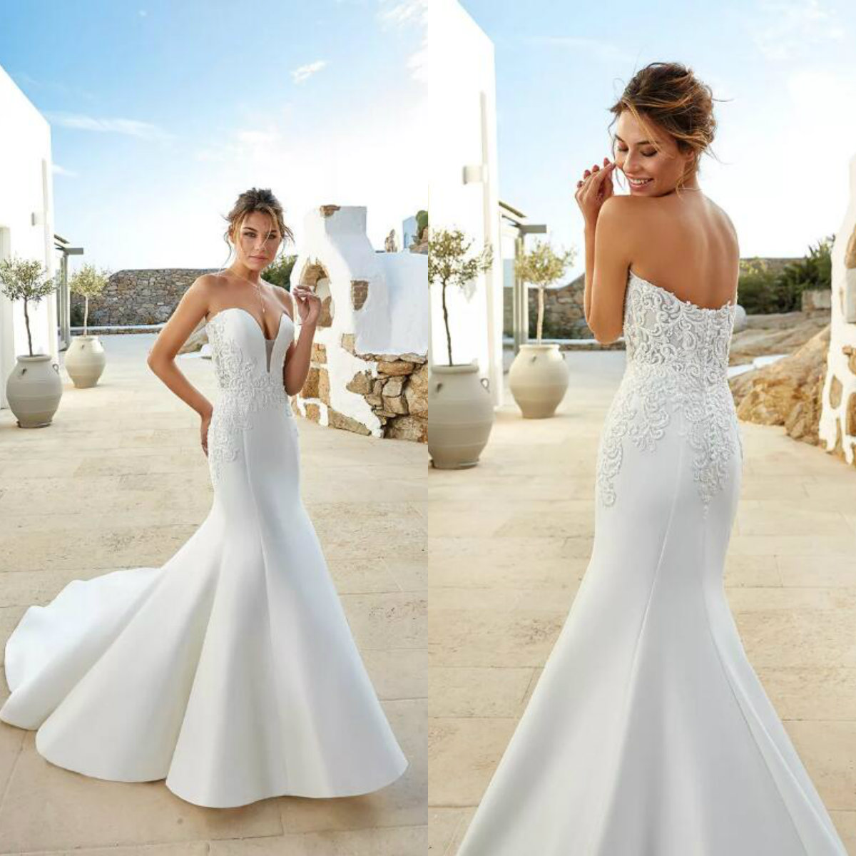 

2020 Eddy K Mermaid Wedding Dresses Sweetheart Satin Appliqued Beads Sweep Train Country Wedding Gowns Beach Style Custom Made Bride Dress, Daffodil