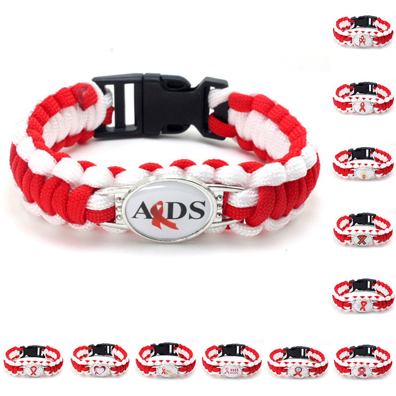 

20pc World Aids Day Awareness Hope Ribbon Survival Paracord Outdoor Charm Bracelets Red White Men Women Bracelet Jewelry
